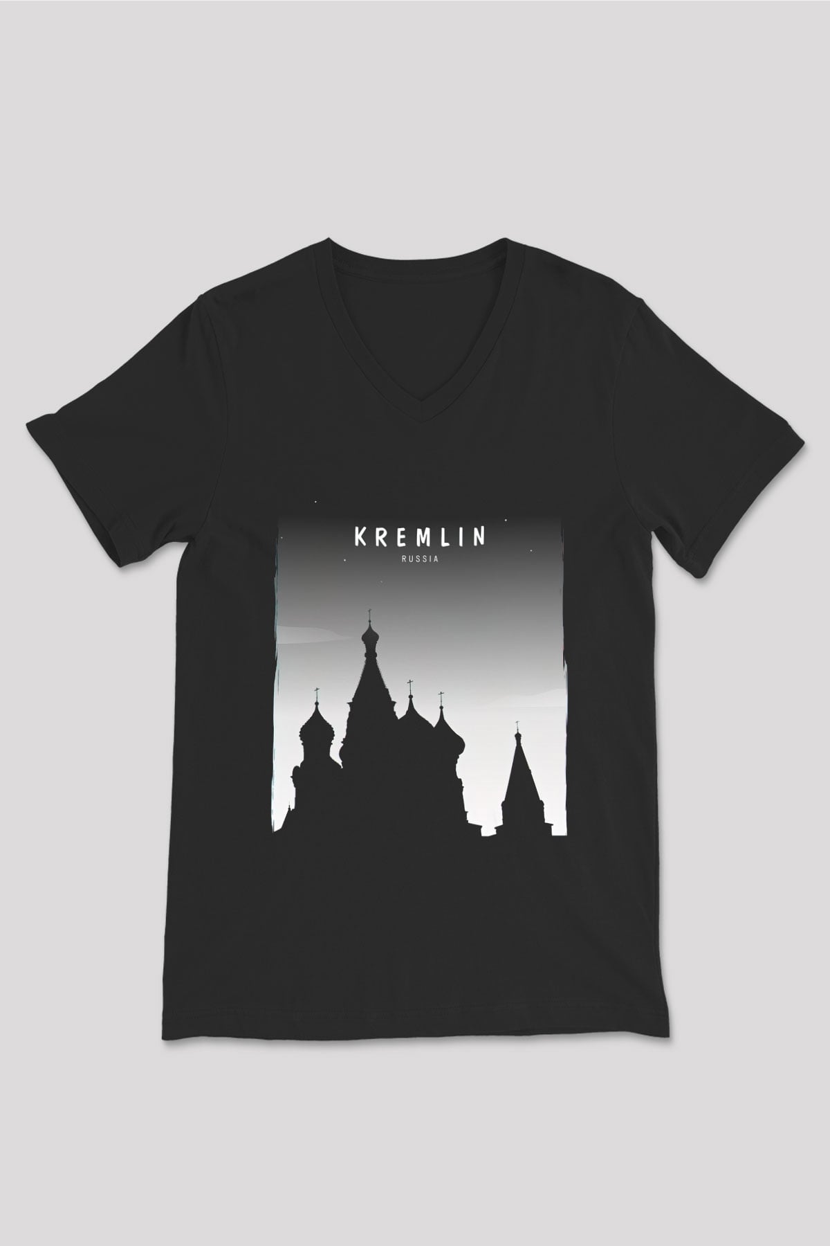 Moskova Kremlini Siyah Unisex V Yaka Tişört