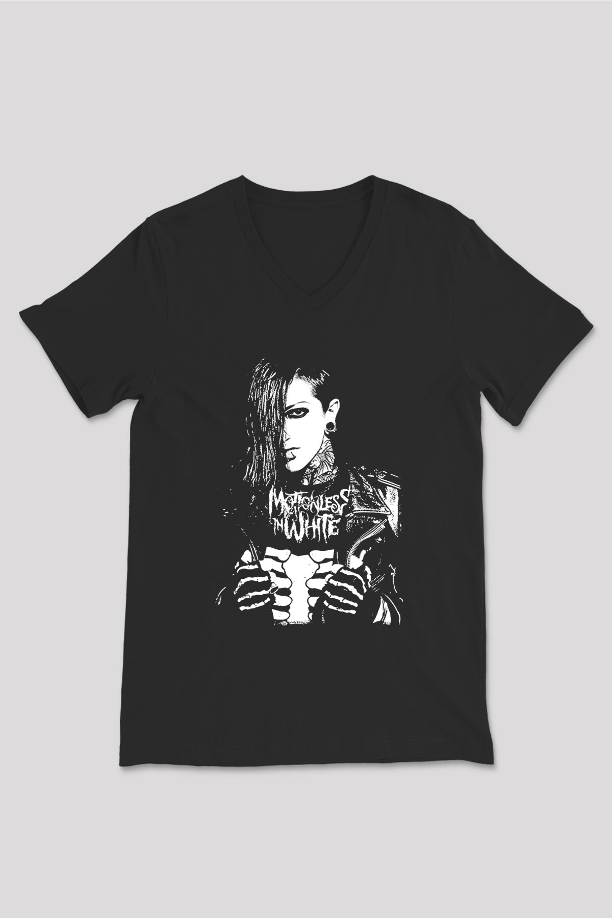 Motionless in White Baskılı Unisex Siyah V Yaka Tişört - Tshirt