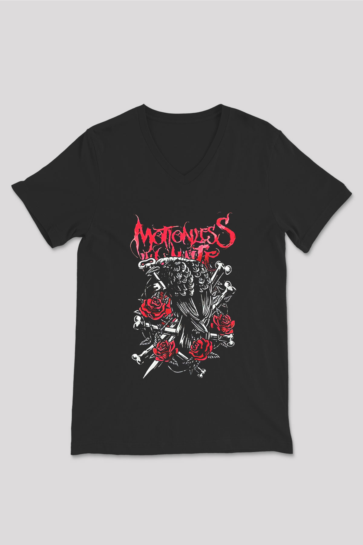 Motionless in White Baskılı Unisex Siyah V Yaka Tişört - Tshirt