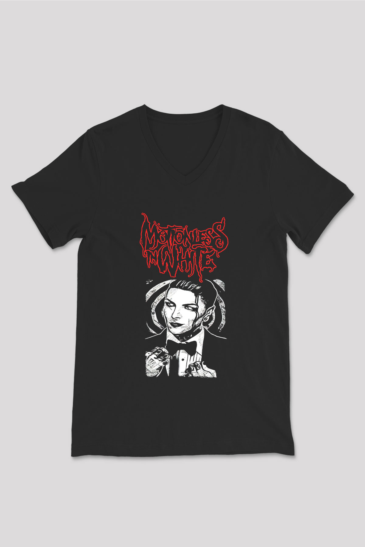 Motionless in White Baskılı Unisex Siyah V Yaka Tişört - Tshirt