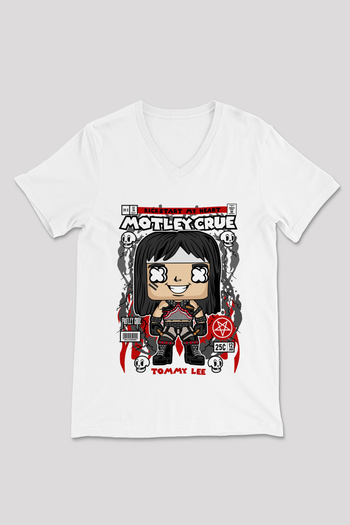 Motley Crue - Tommy Lee Baskılı Unisex Beyaz V Yaka Tişört