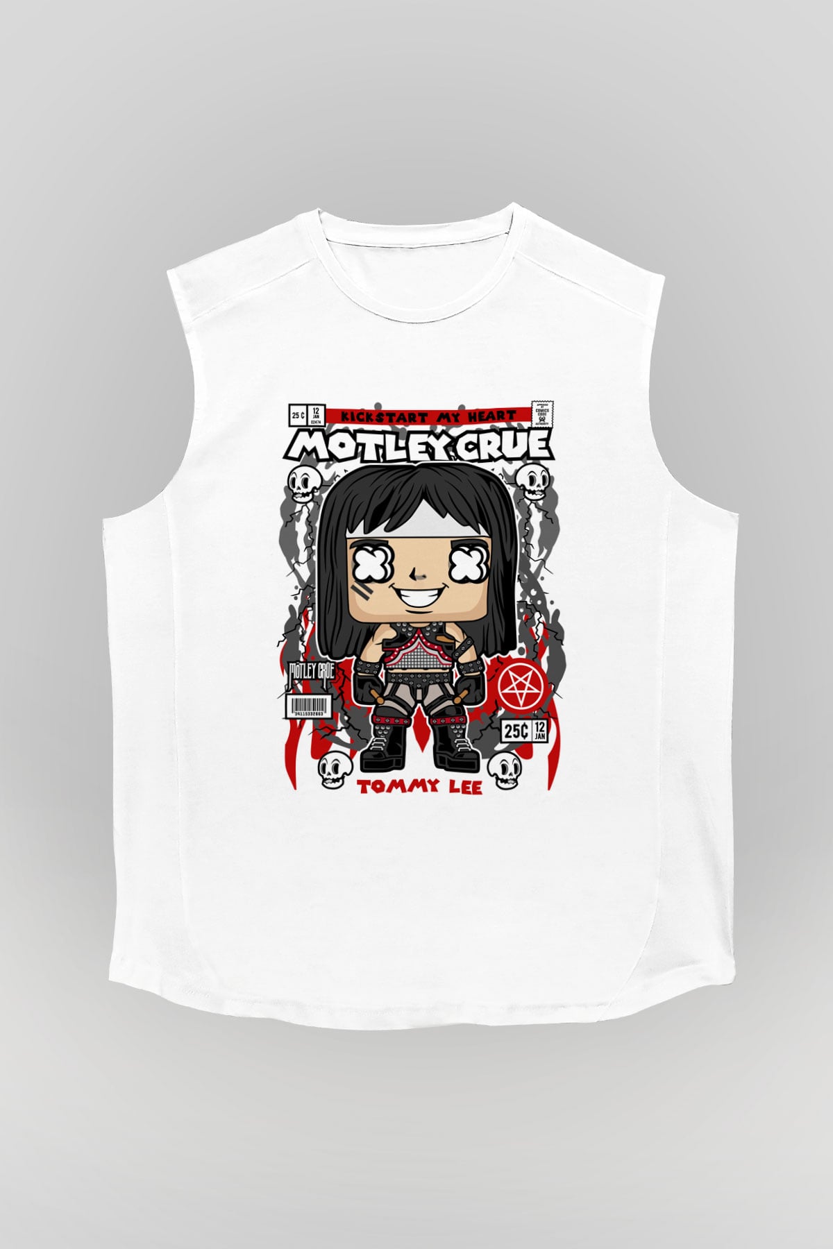 Motley Crue - Tommy Lee Baskılı Unisex Beyaz Kolsuz Tişört