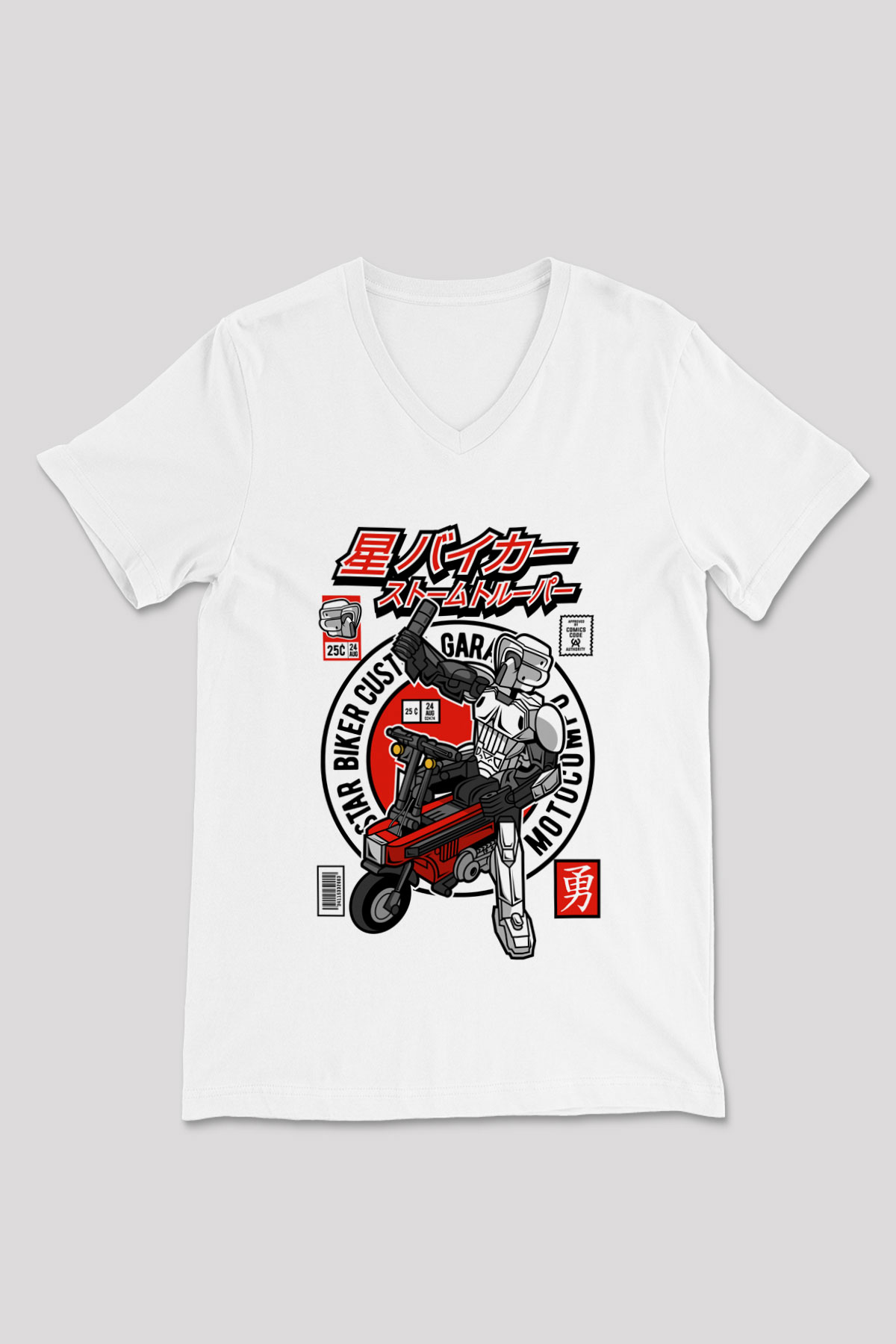 Motocompo Baskılı Unisex Beyaz V Yaka Tişört