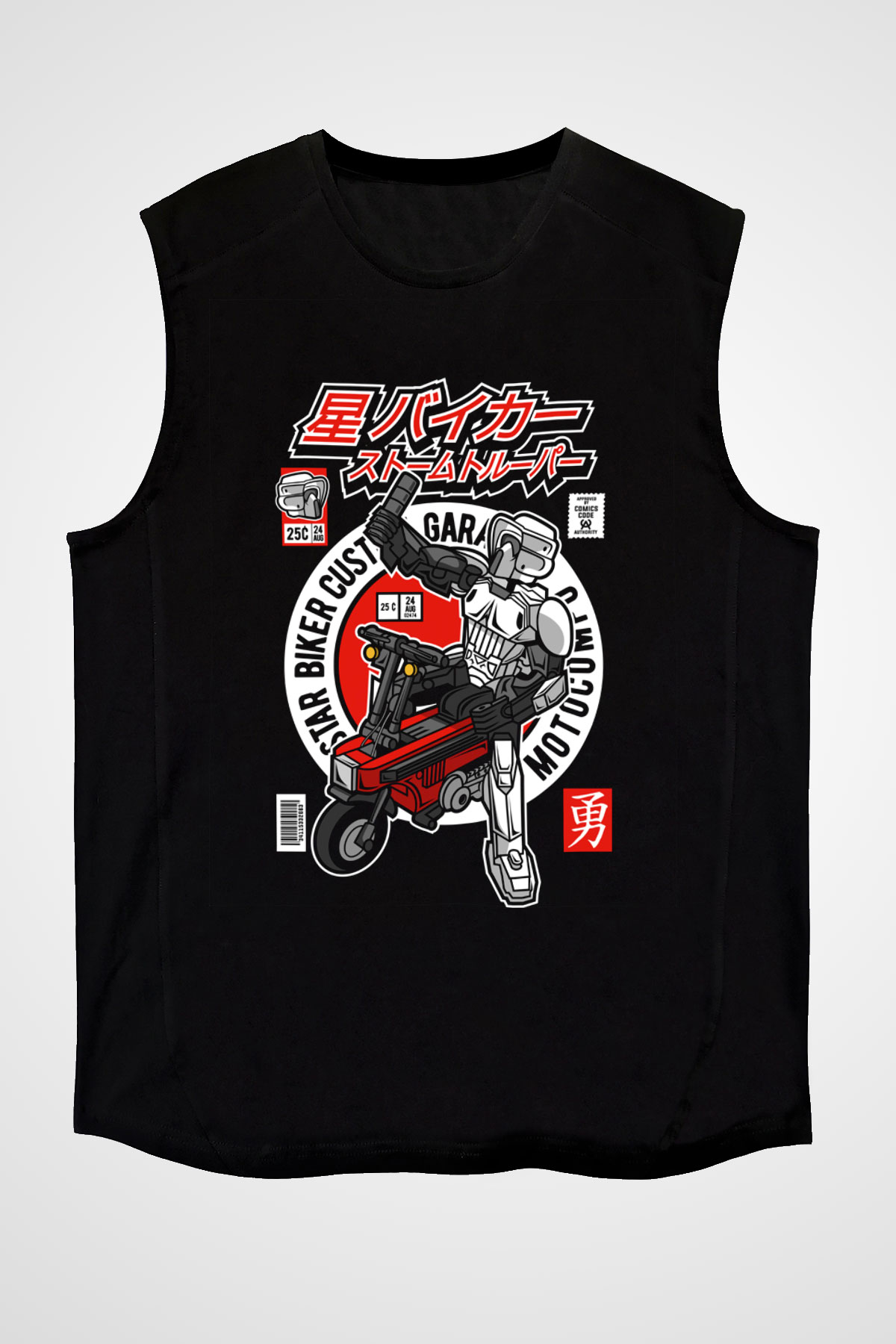 Motocompo Baskılı Unisex Siyah Kolsuz Tişört