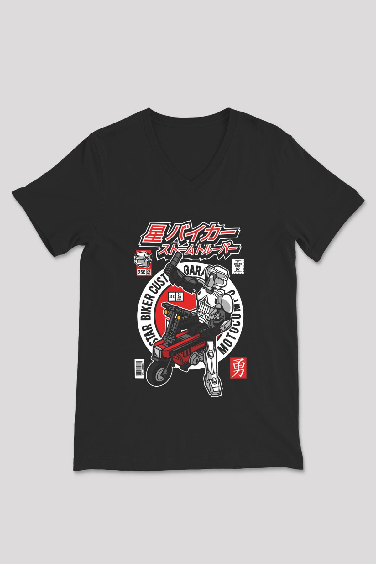 Motocompo Baskılı Unisex Siyah V Yaka Tişört