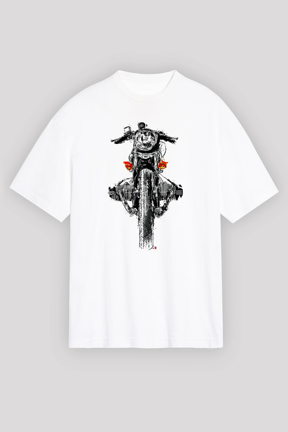 Motor Sporları Baskılı Unisex Beyaz Oversize Tişört - Tshirt