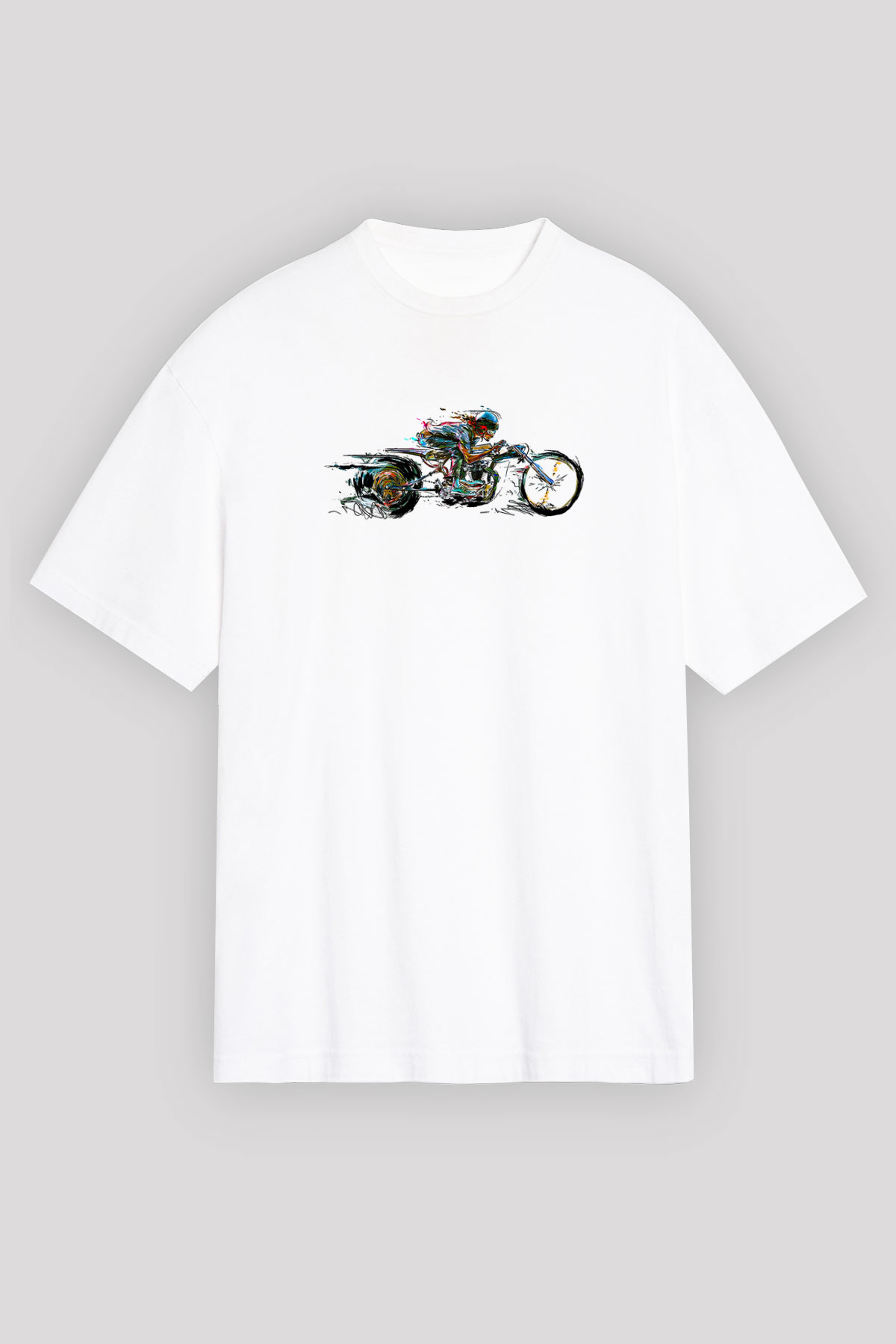 Motor Sporları Baskılı Unisex Beyaz Oversize Tişört - Tshirt