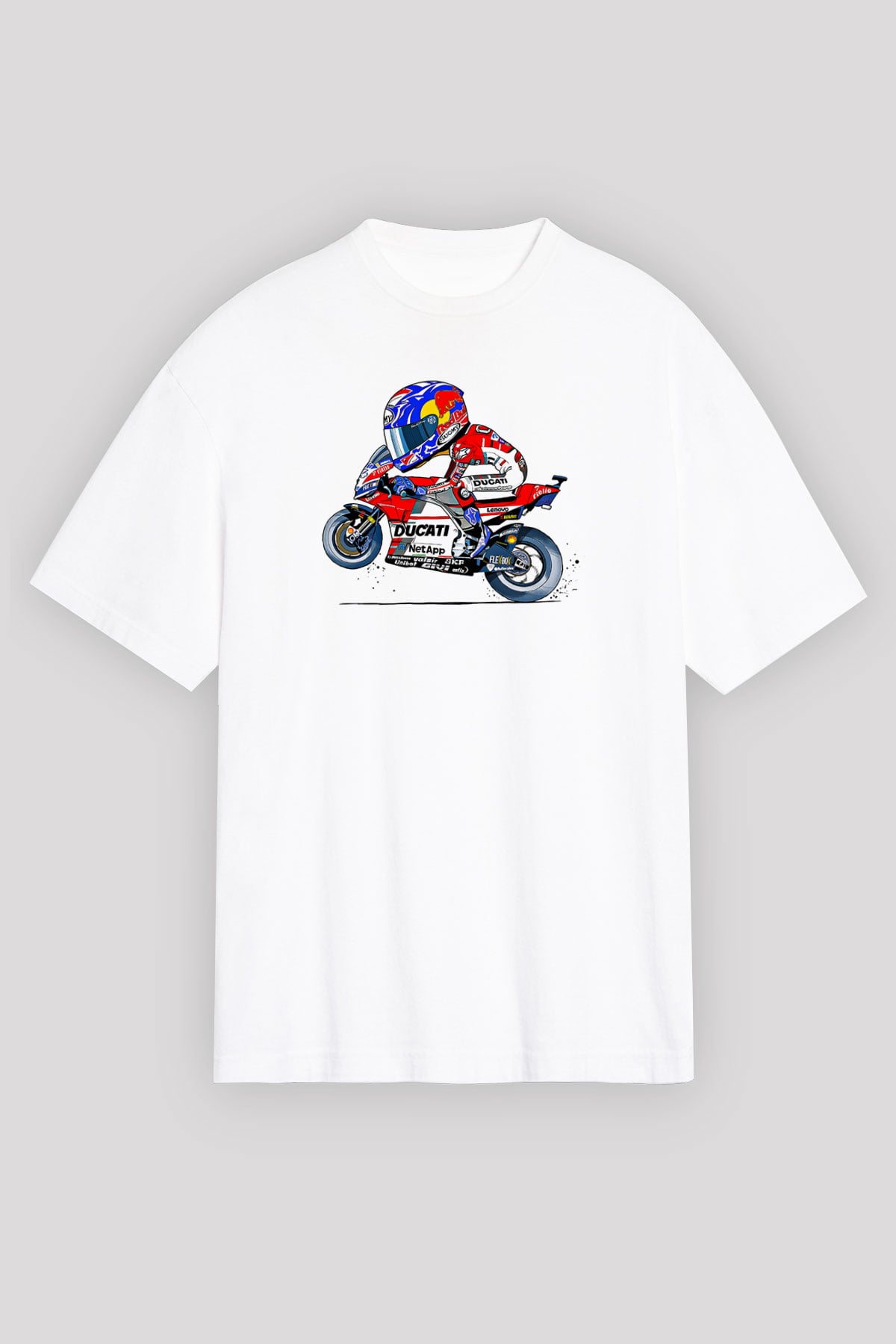 Motor Sporları Baskılı Unisex Beyaz Oversize Tişört - Tshirt