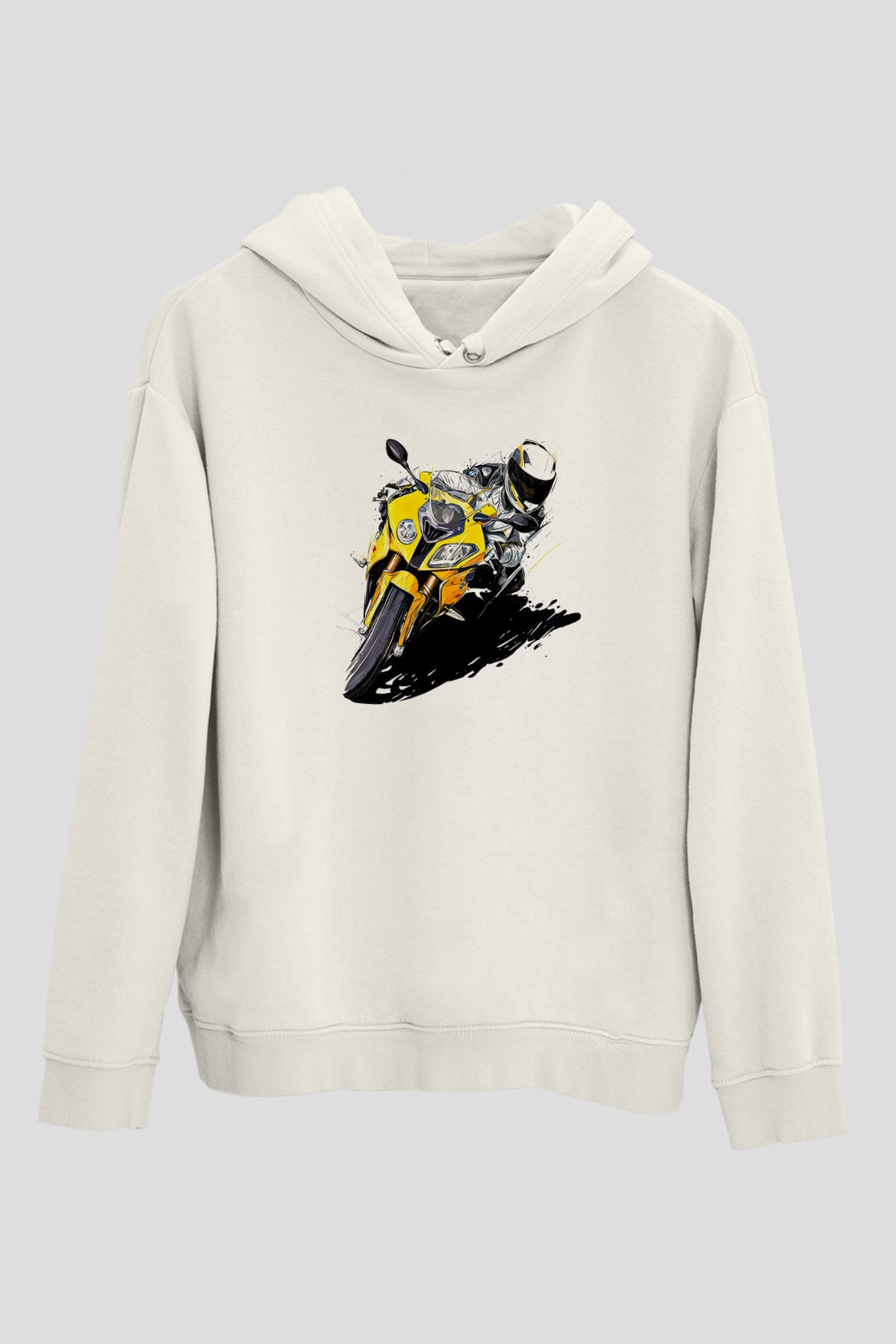 Motor Sporları Baskılı Unisex Ekru Hoodie