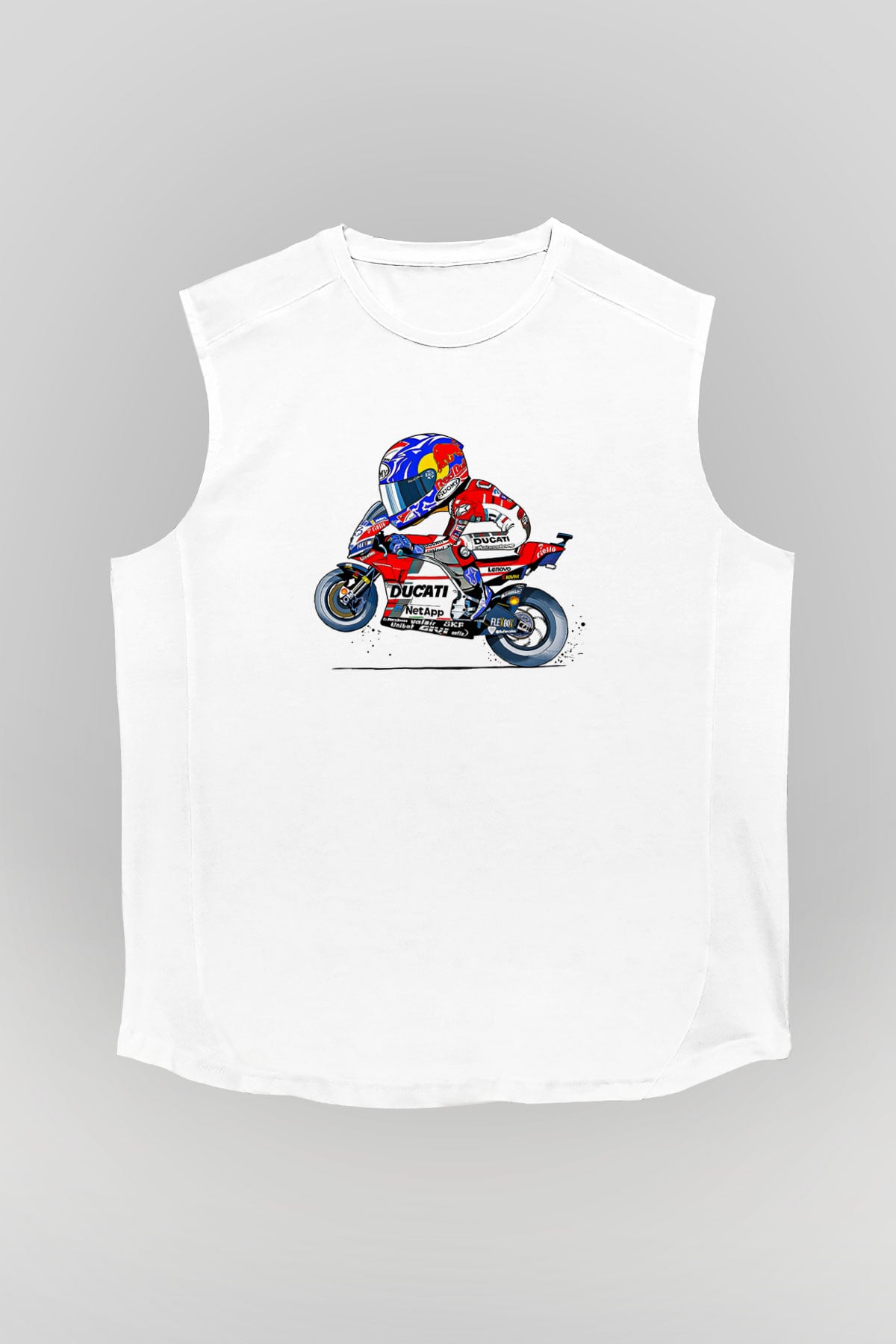 Motor Sporları Baskılı Unisex Kolsuz Beyaz Tişört