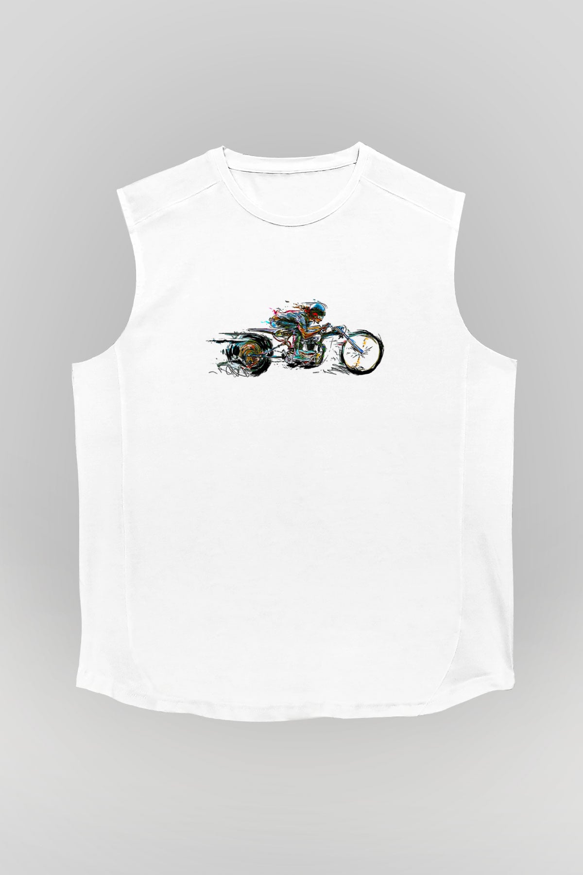 Motor Sporları Baskılı Unisex Kolsuz Beyaz Tişört