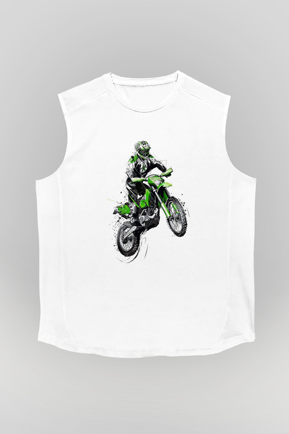Motor Sporları Baskılı Unisex Kolsuz Beyaz Tişört