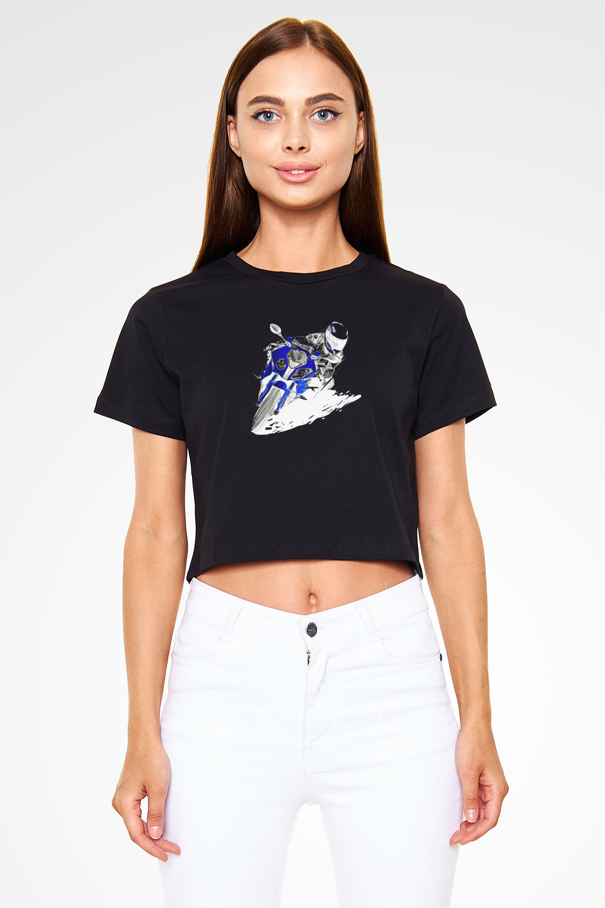 Motor Sporları - Motor sports Baskılı Crop Top Siyah Kadın Tişört - Tshirt