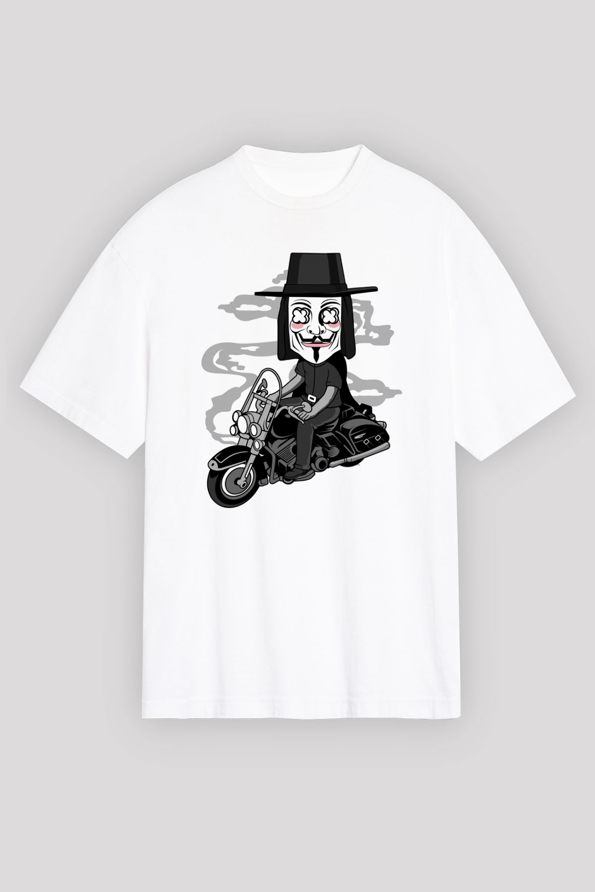 Motorcu Vendetta Baskılı Unisex Beyaz Oversize Tişört