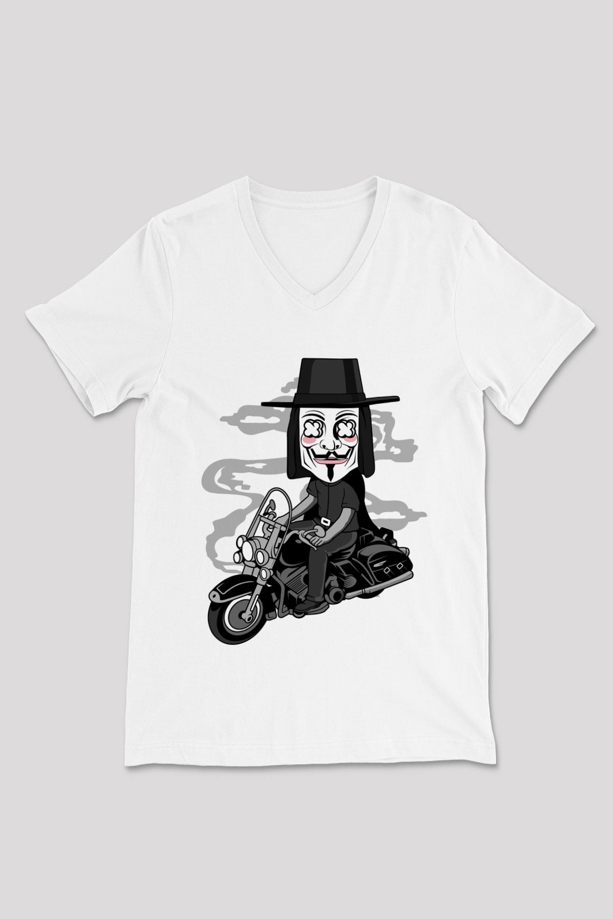 Motorcu Vendetta Baskılı Unisex Beyaz V Yaka Tişört