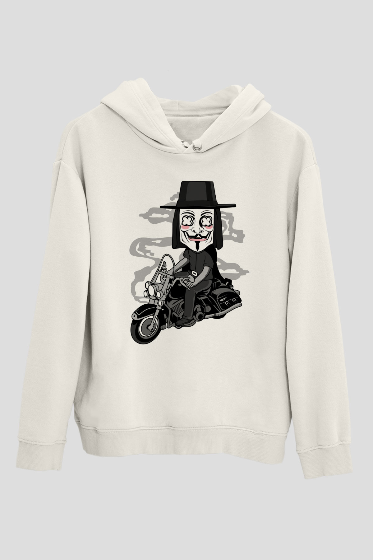 Motorcu Vendetta Baskılı Unisex Beyaz Hoodie