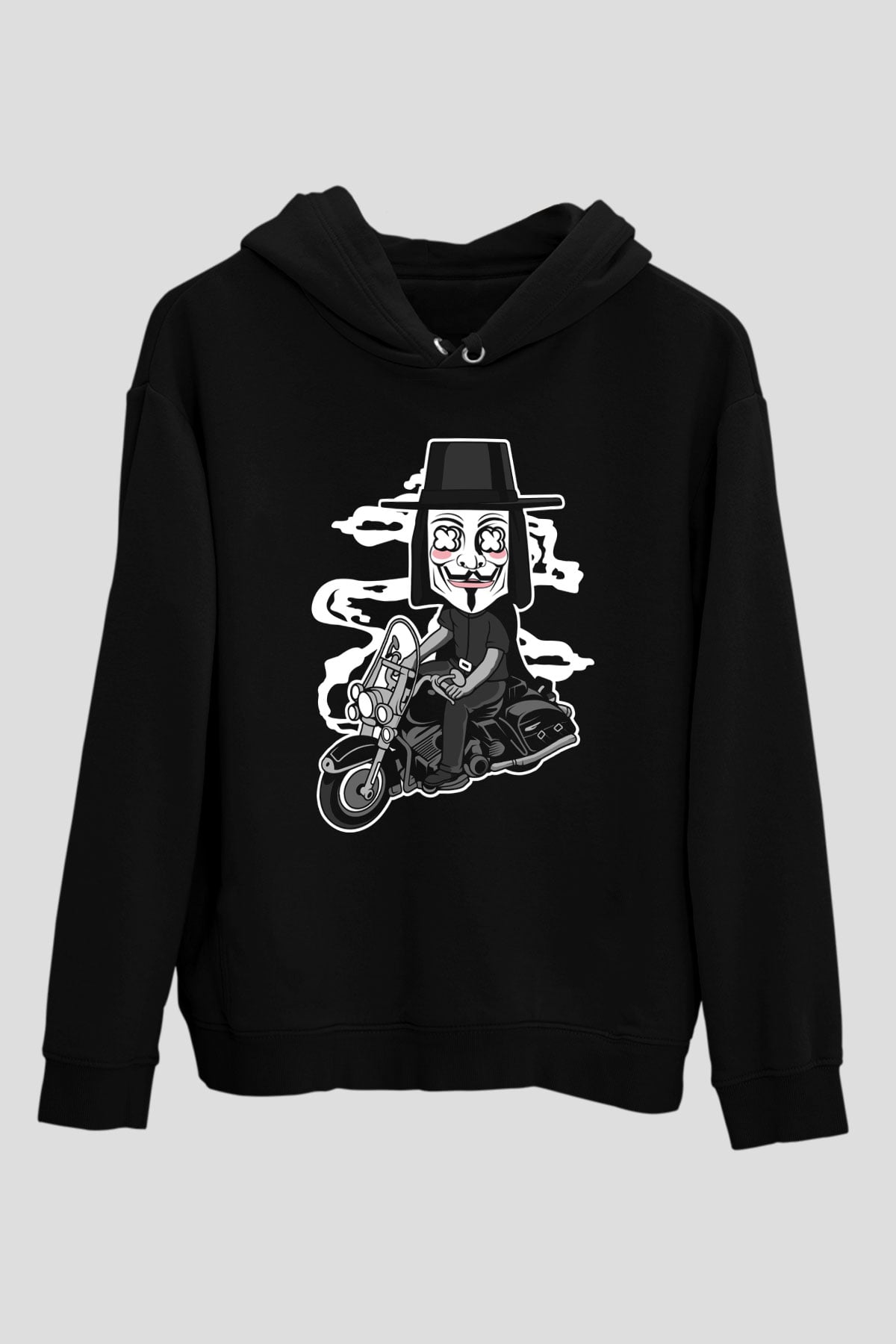 Motorcu Vendetta Baskılı Unisex Siyah Hoodie