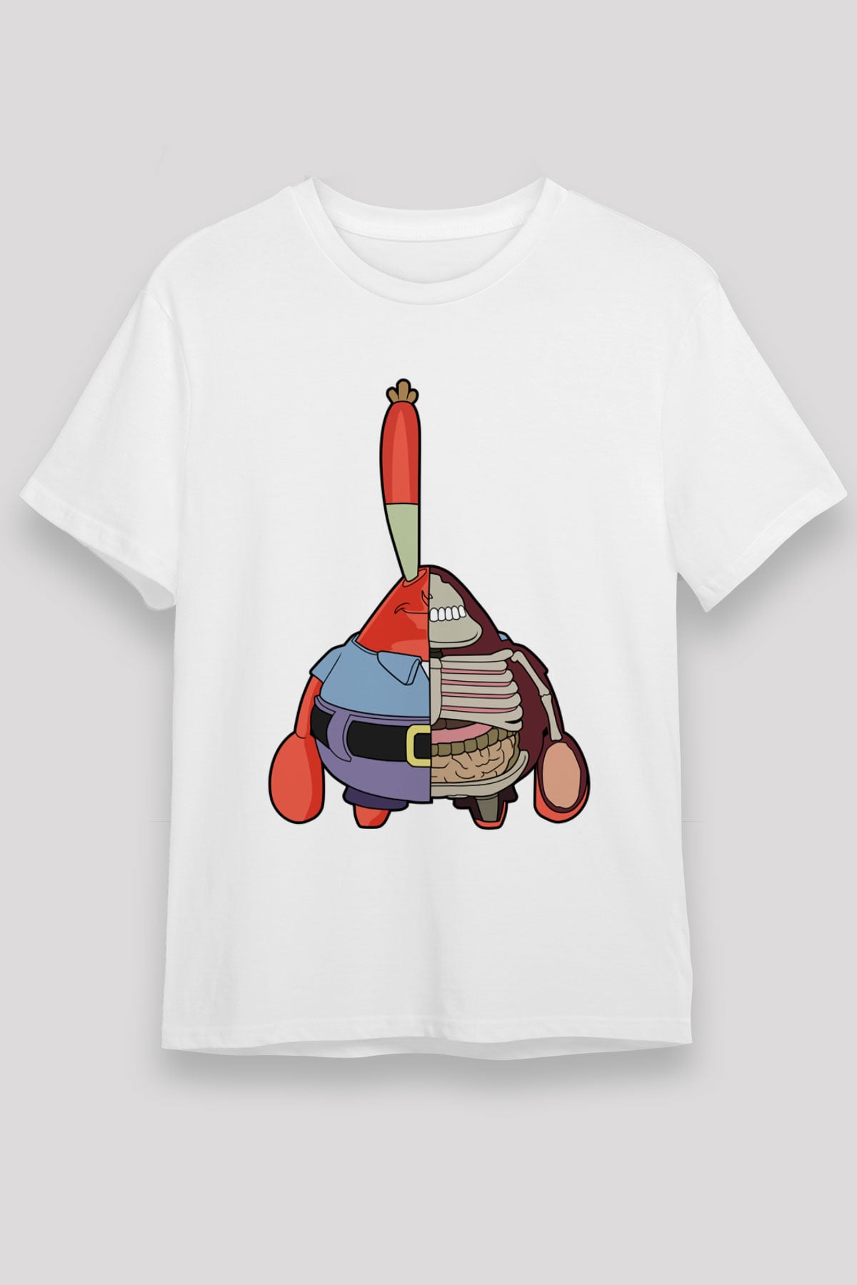 Mr Krabs Half Skeleton Baskılı Beyaz Unisex Tshirt