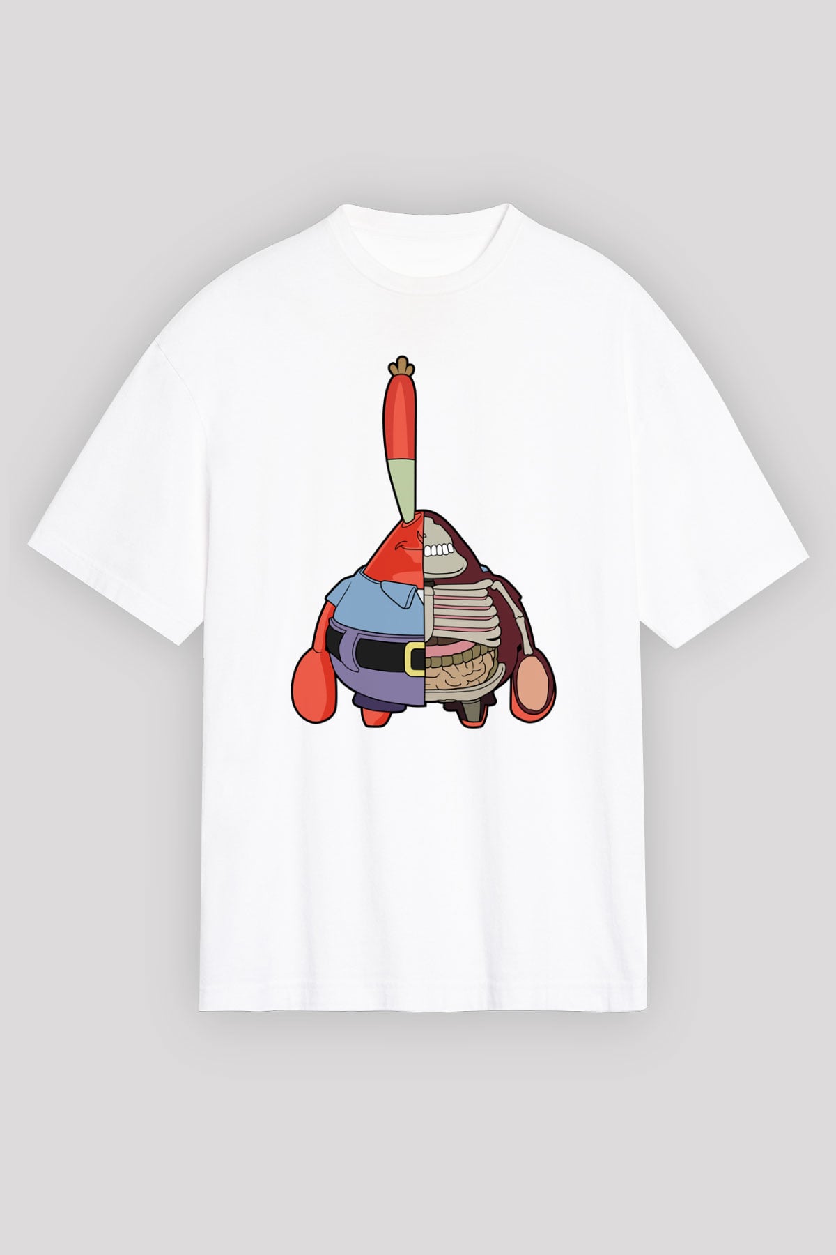 Mr Krabs Half Skeleton Baskılı Beyaz Unisex Oversize Tişört