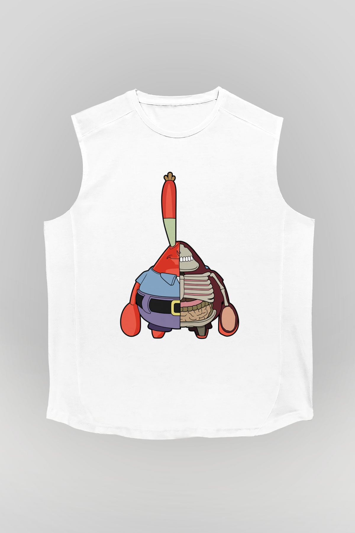 Mr Krabs Half Skeleton Baskılı Beyaz Unisex Kolsuz Tişört