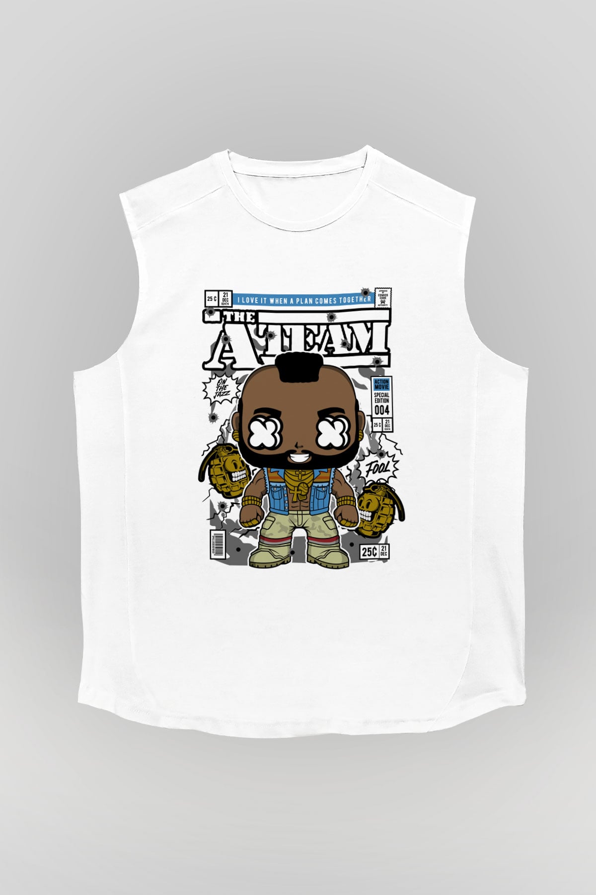 Mr T Baskılı Unisex Beyaz Kolsuz Tişört