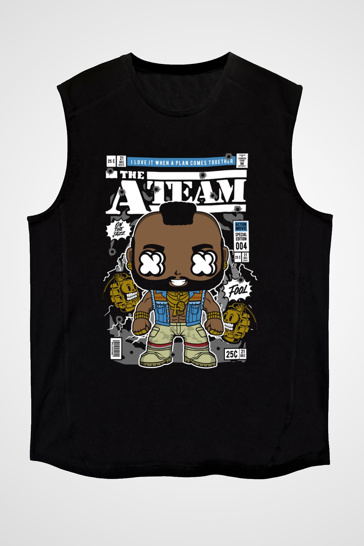 Mr T Baskılı Unisex Siyah Kolsuz Tişört