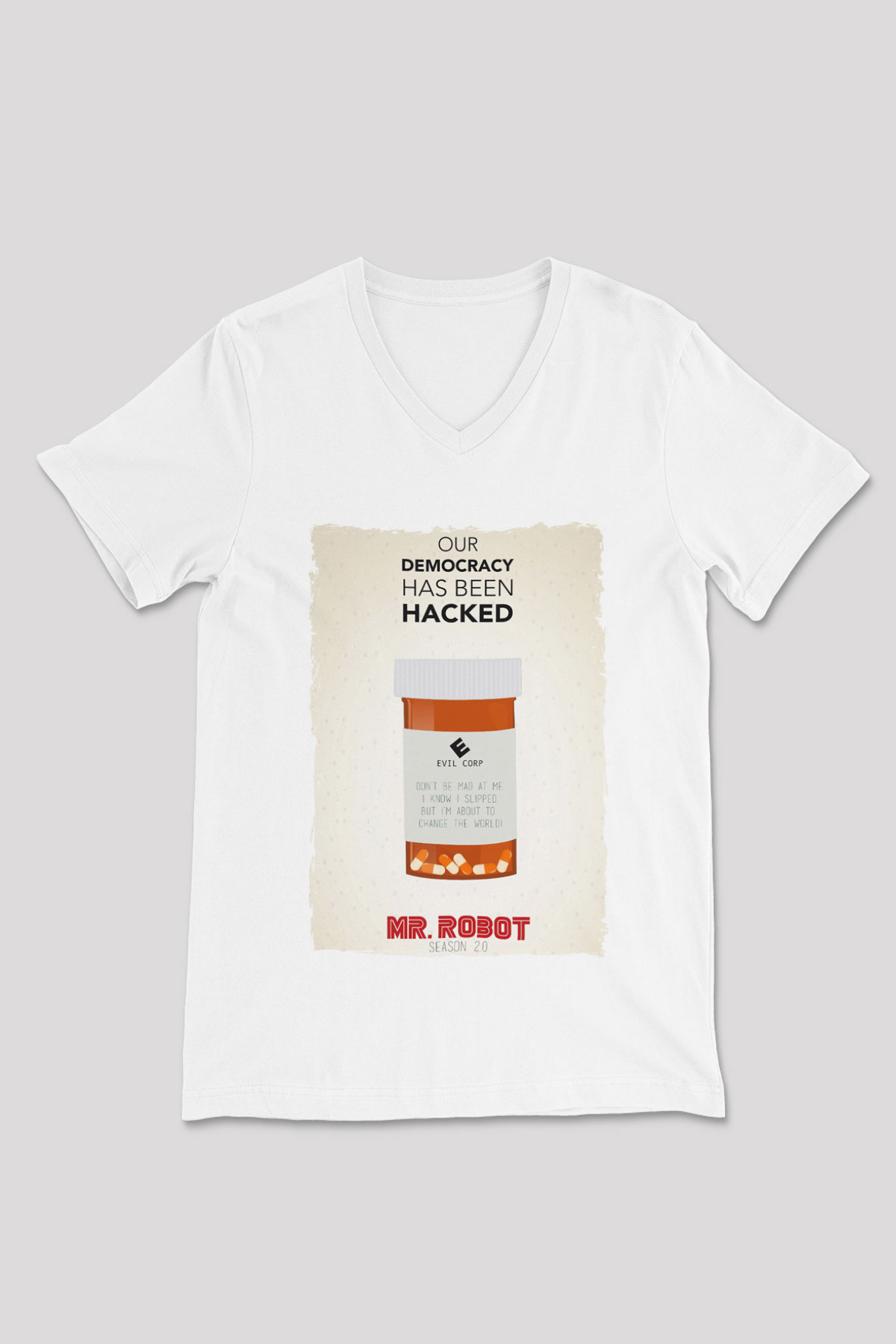 Mr. Robot Beyaz Unisex V Yaka Tişört