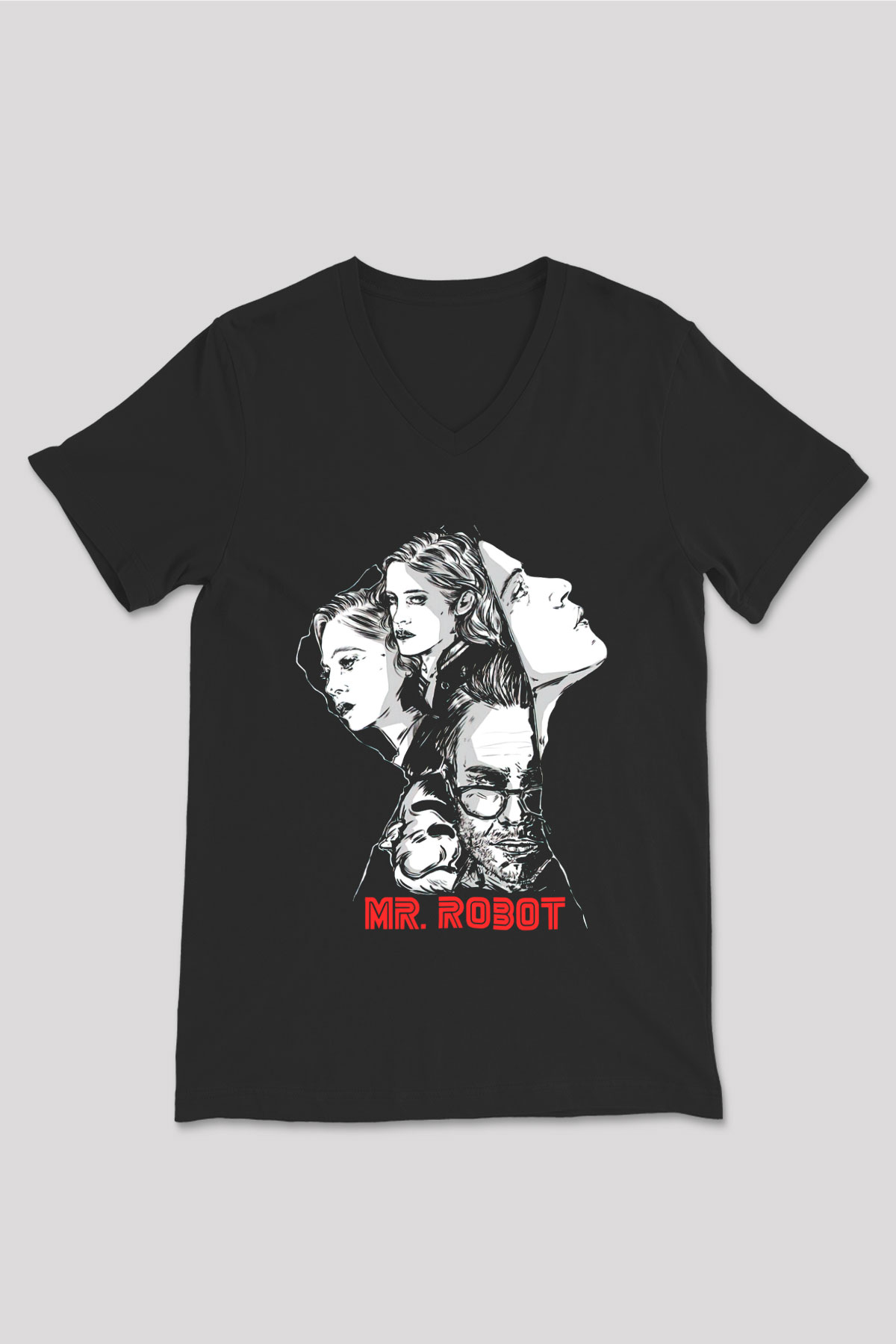 Mr. Robot Siyah Unisex V Yaka Tişört T-Shirt