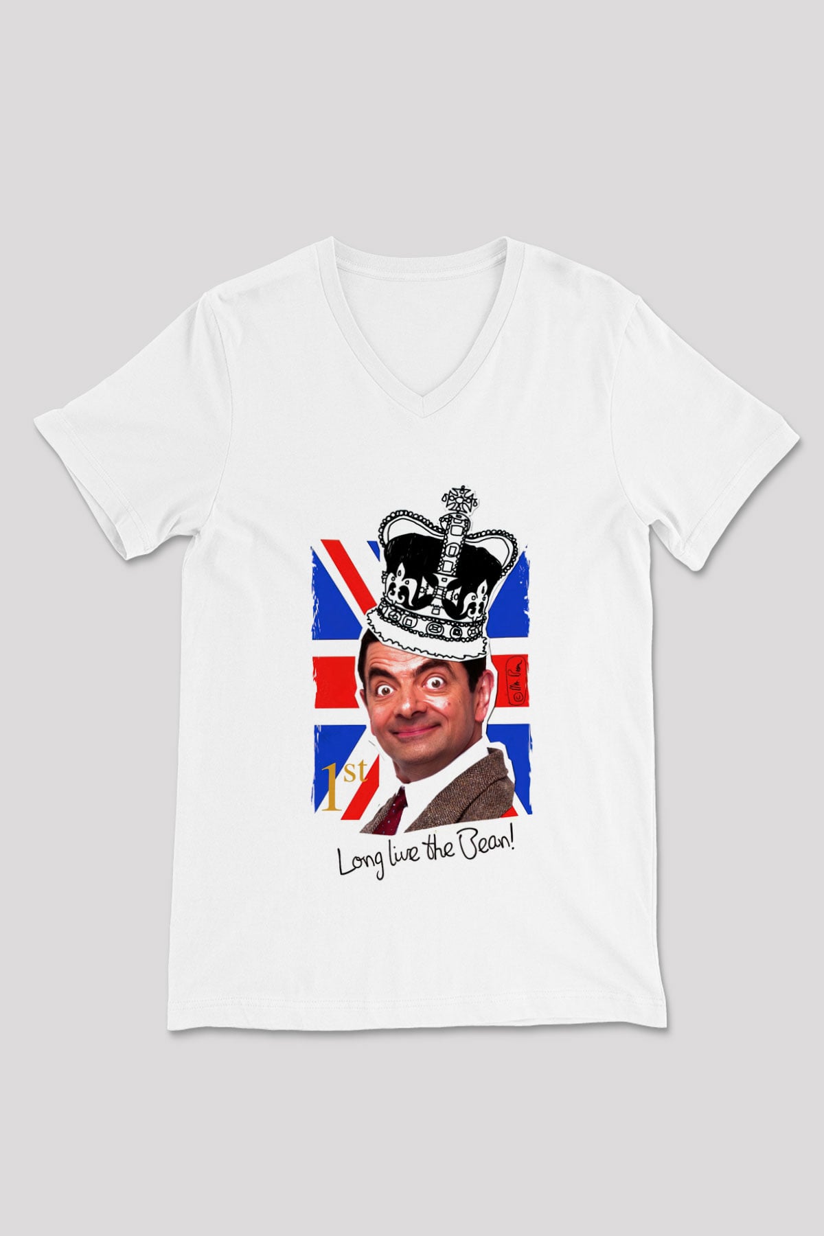 Mr.Bean Beyaz Unisex  V Yaka Tişört
