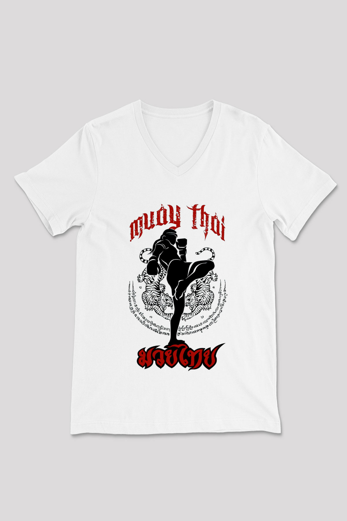 Muay Thai Beyaz Unisex V Yaka Tişört T-Shirt