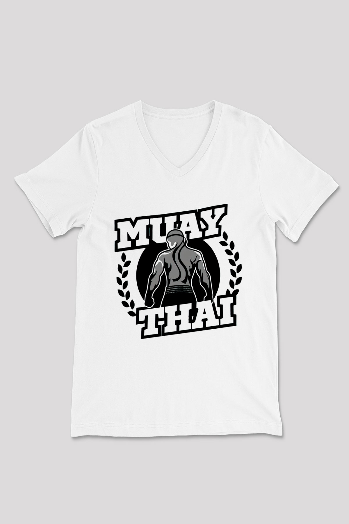 Muay Thai Beyaz Unisex V Yaka Tişört T-Shirt