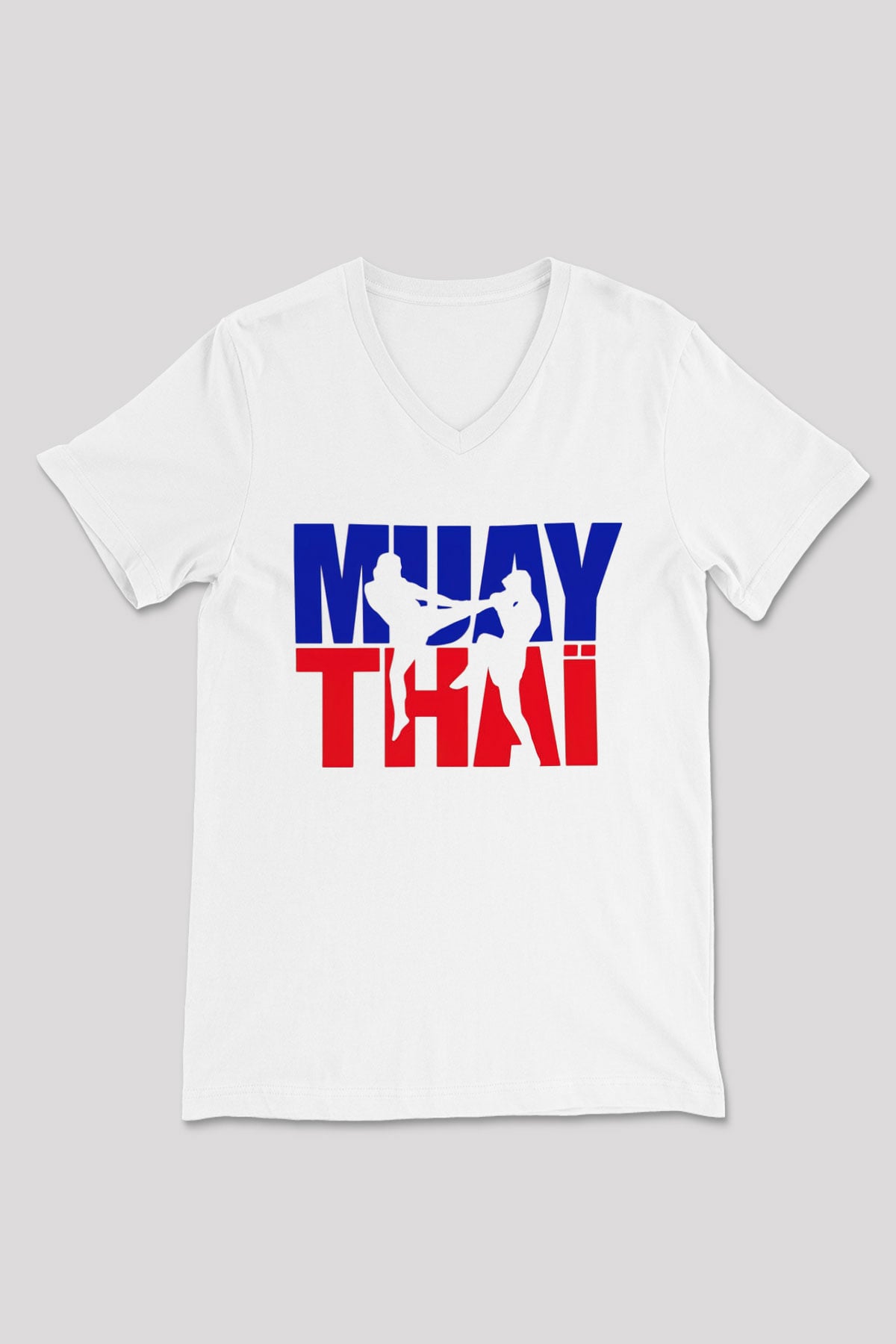Muay Thai Beyaz Unisex V Yaka Tişört T-Shirt