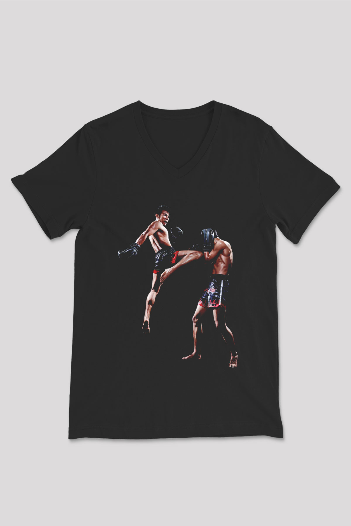 Muay Thai Siyah Unisex V Yaka Tişört