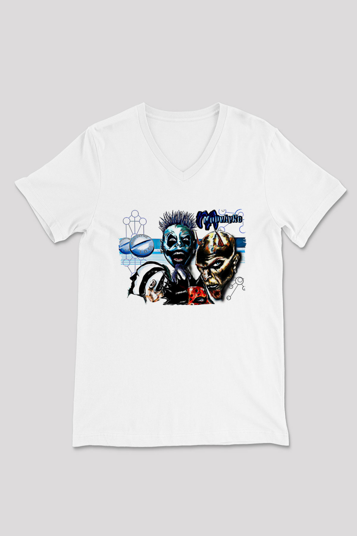 Mudvayne Baskılı Beyaz Unisex V Yaka Tişört - Tshirt