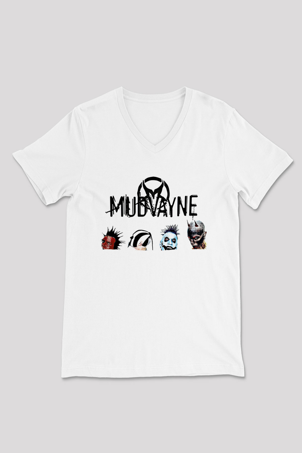 Mudvayne Baskılı Beyaz Unisex V Yaka Tişört - Tshirt