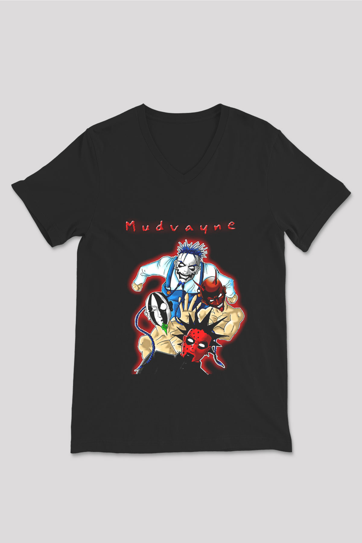 Mudvayne Baskılı Unisex Siyah V Yaka Tişört - Tshirt