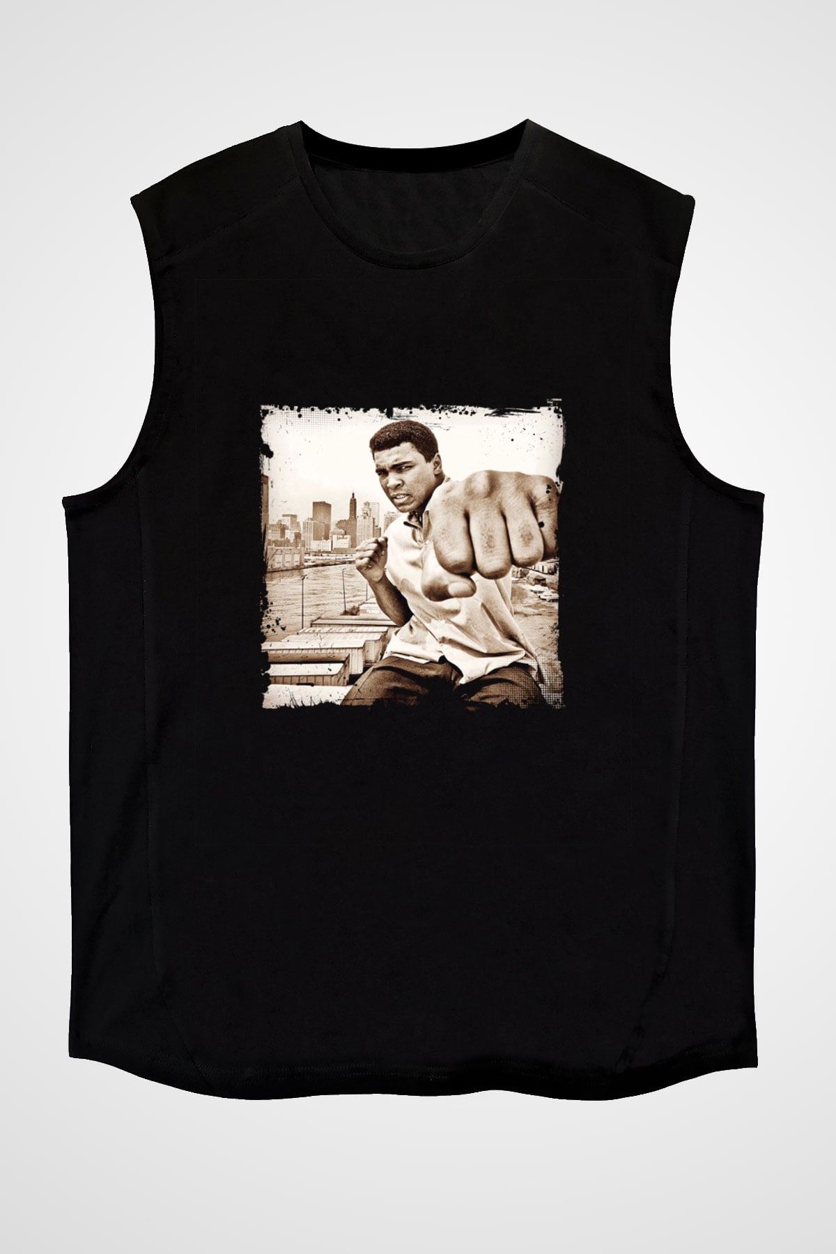 Muhammed Ali Baskılı Unisex Siyah Kolsuz Tişört