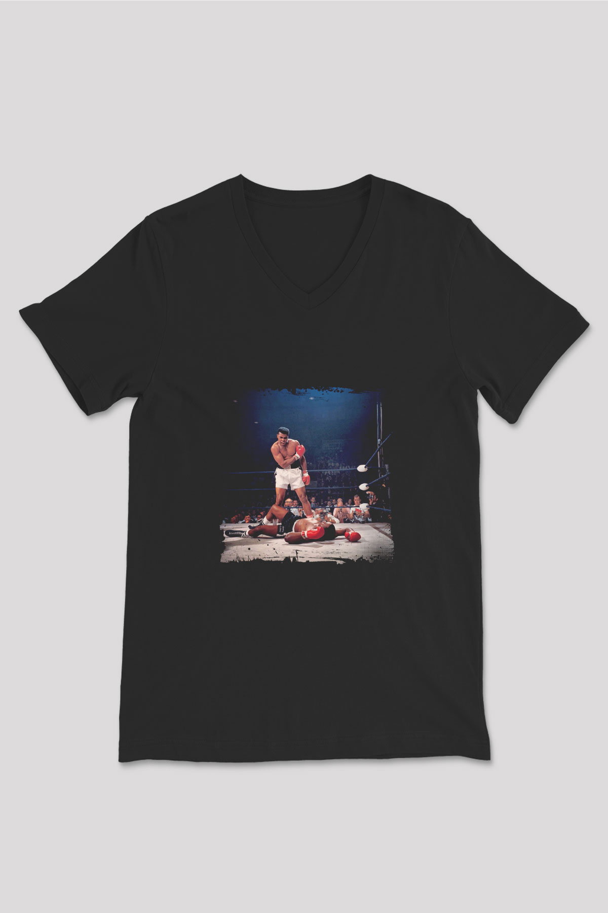 Muhammed Ali Baskılı Unisex Siyah V Yaka Tişört