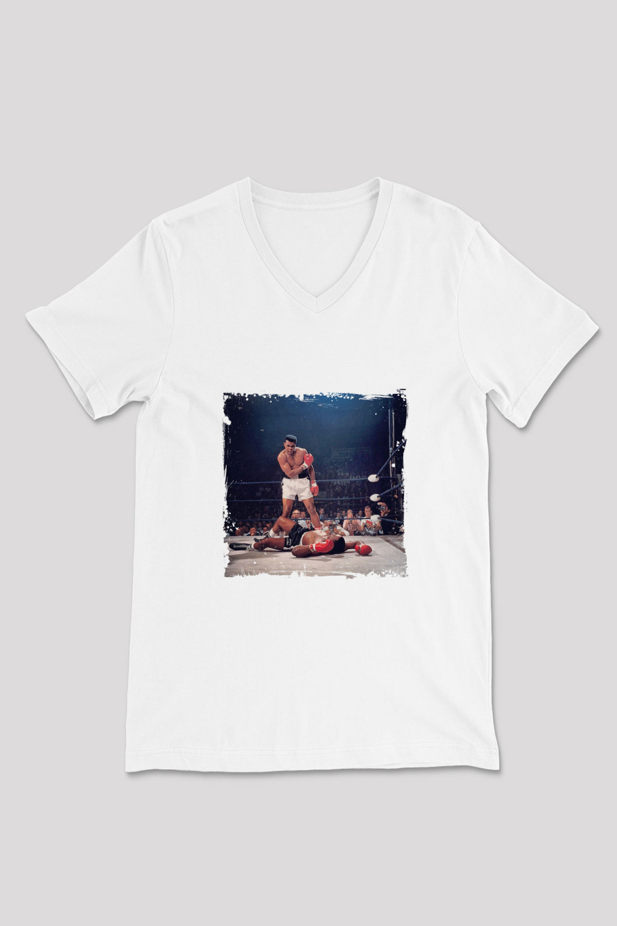 Muhammed Ali Baskılı V Yaka Unisex Beyaz Tişört
