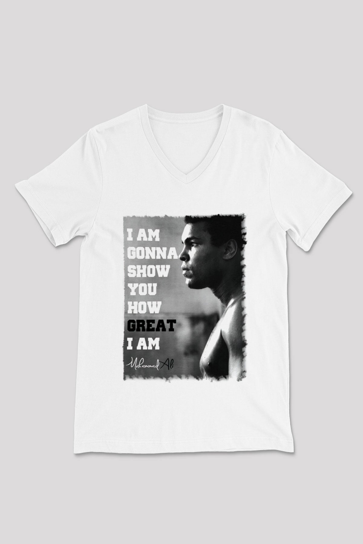 Muhammed Ali Beyaz Unisex V Yaka Tişört T-Shirt