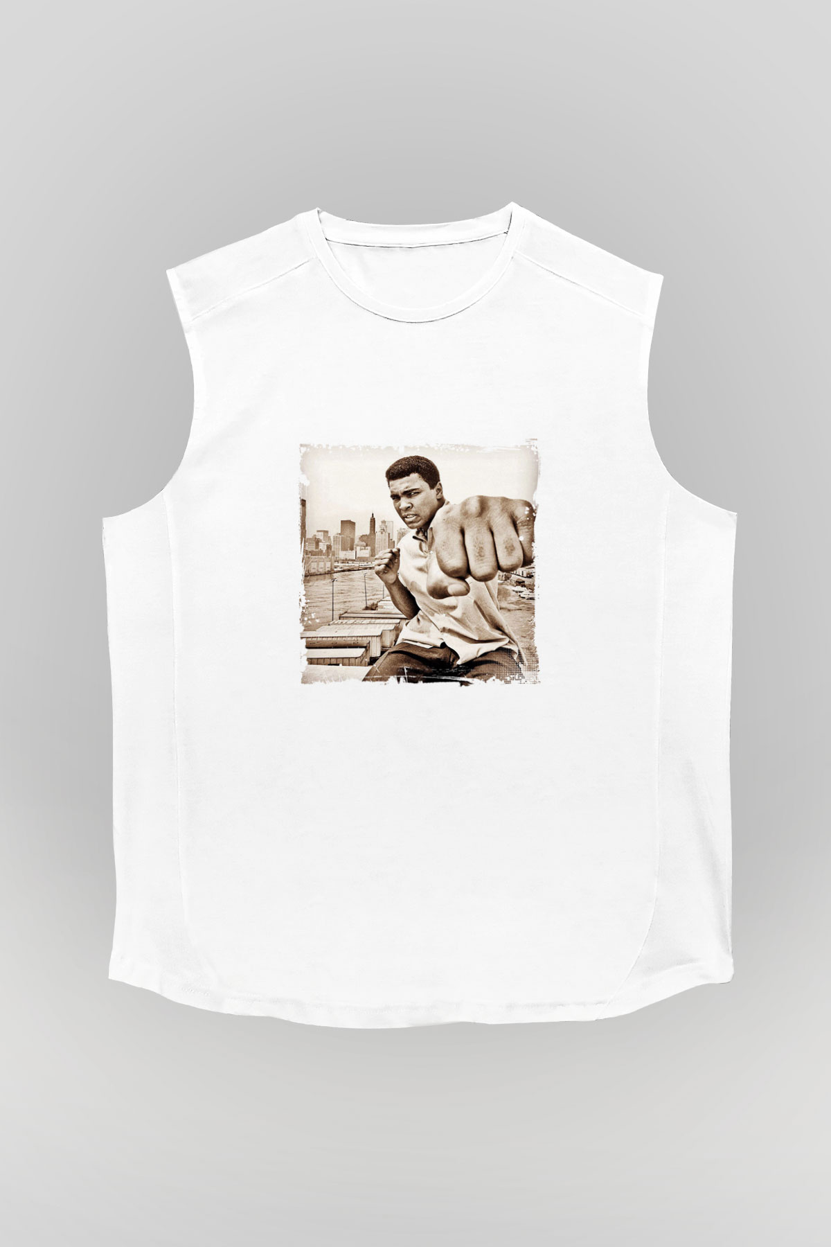 Muhammed Ali Unisex Baskılı Beyaz Kolsuz Tişört