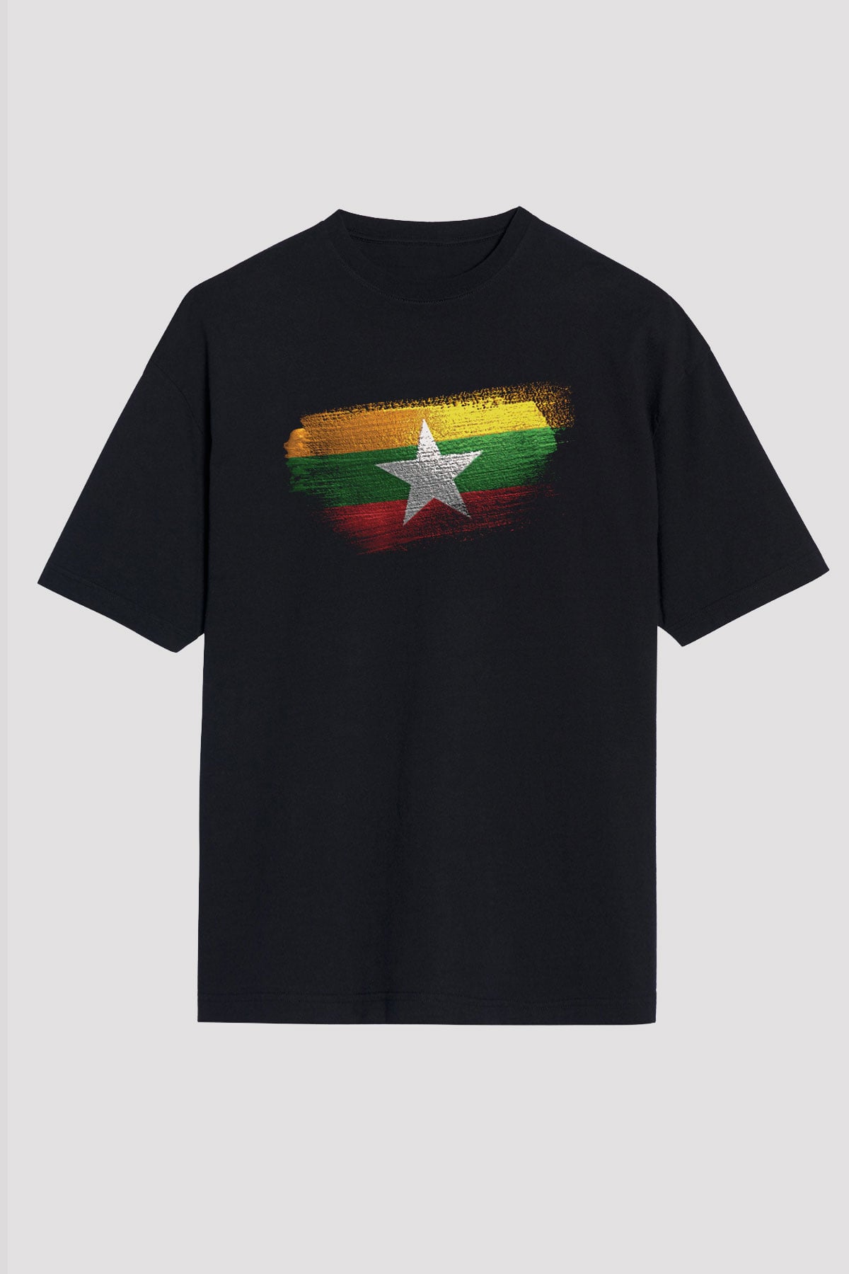 Myanmar Bayrağı Baskılı Unisex Siyah Oversize Tişört