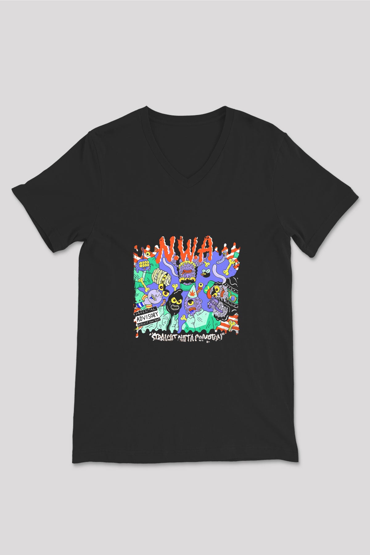 N.W.A Baskılı Unisex Siyah V Yaka Tişört