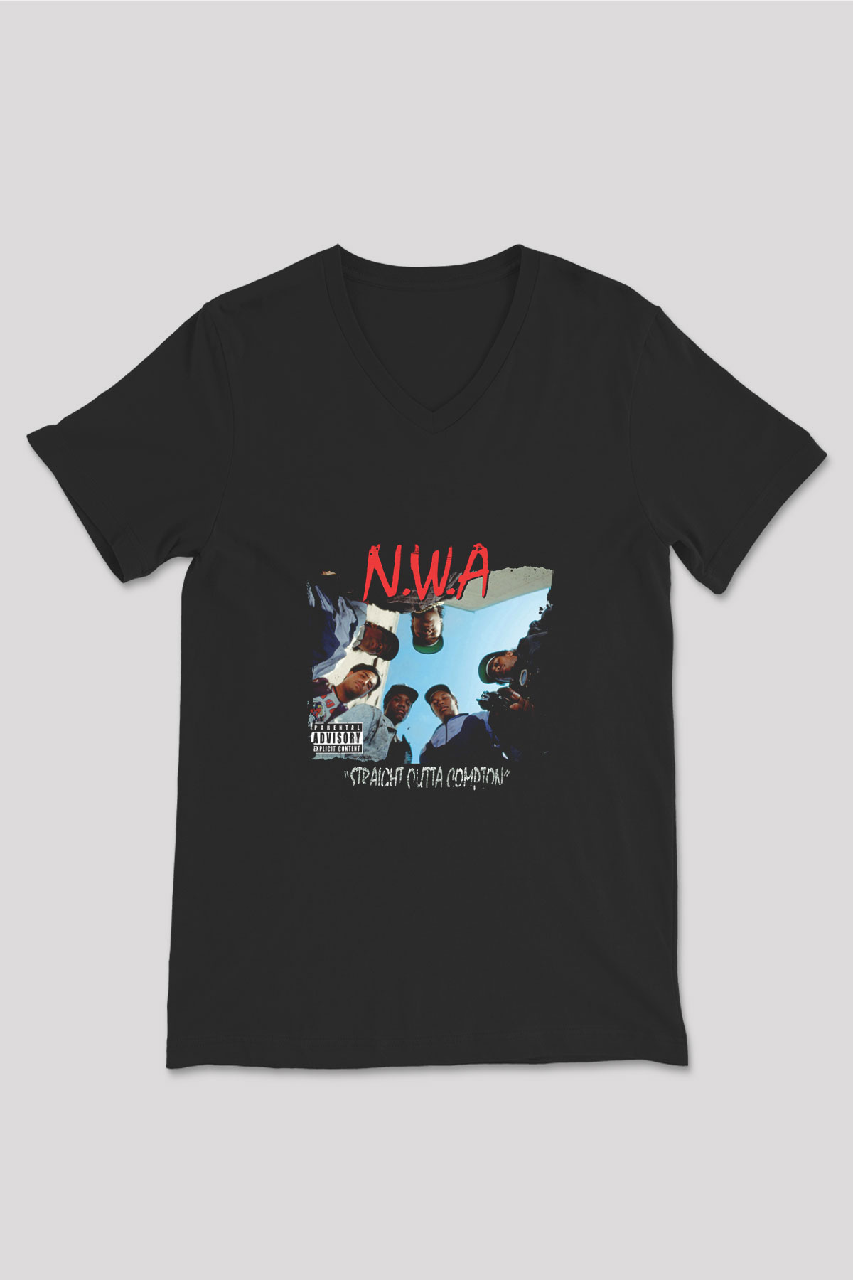 N.W.A Baskılı Unisex Siyah V Yaka Tişört