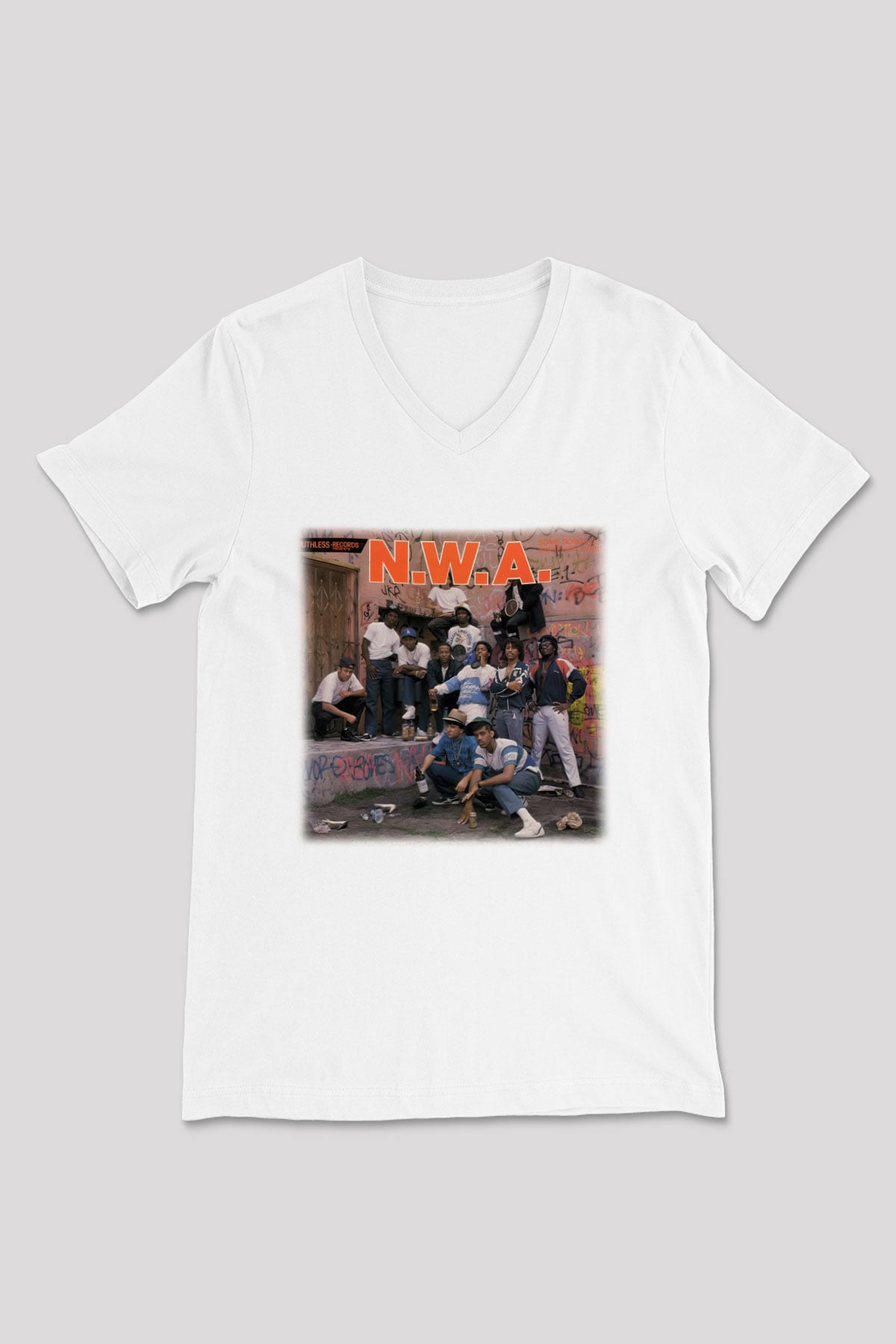 N.W.A Beyaz Unisex V Yaka Tişört T-Shirt