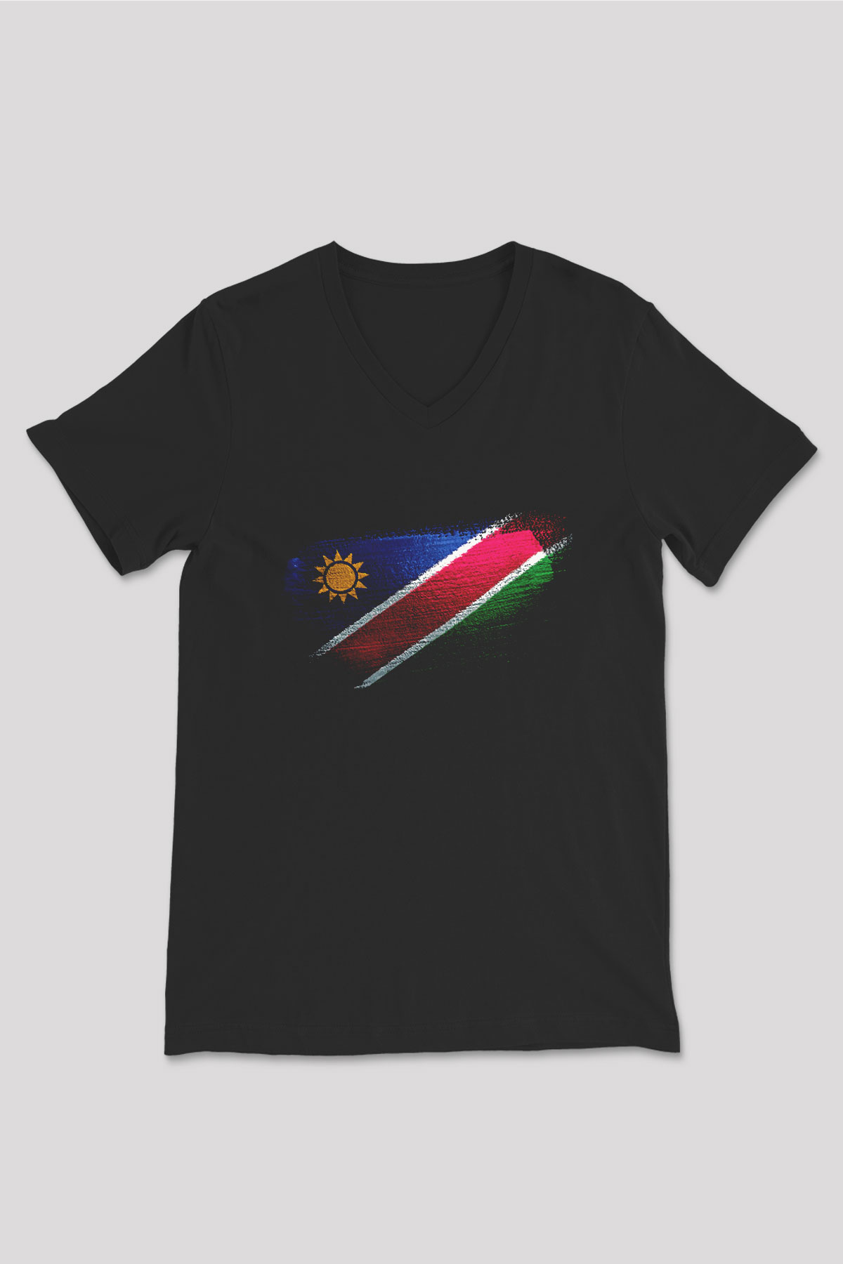 Namibya - Namibia Bayrağı Baskılı Unisex Siyah V Yaka Tişört