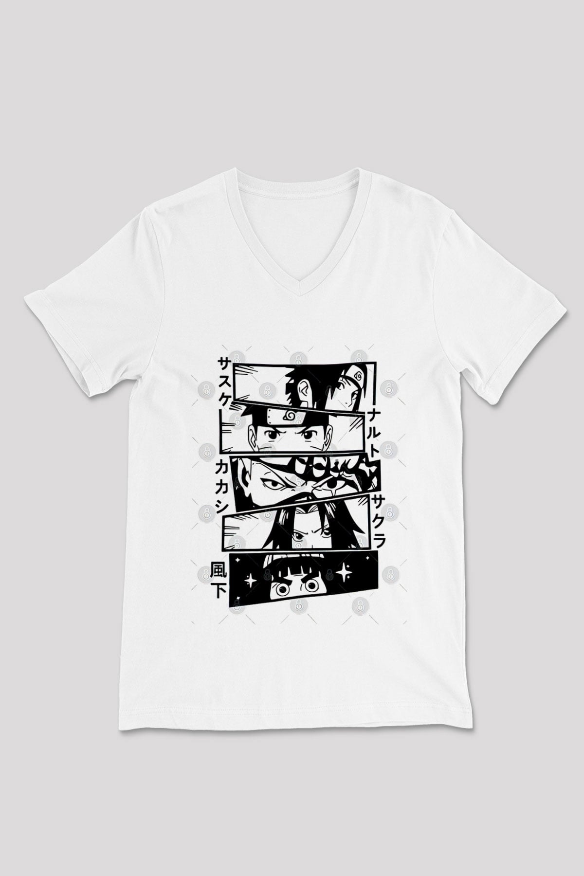 Naruto Baskılı Beyaz Unisex V Yaka Tişört - Tshirt