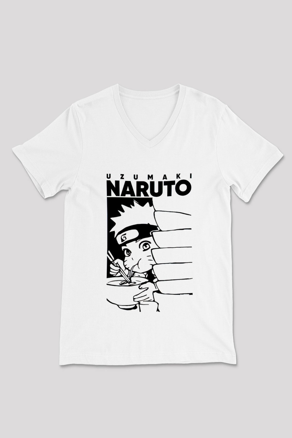 Naruto Baskılı Beyaz Unisex V Yaka Tişört - Tshirt