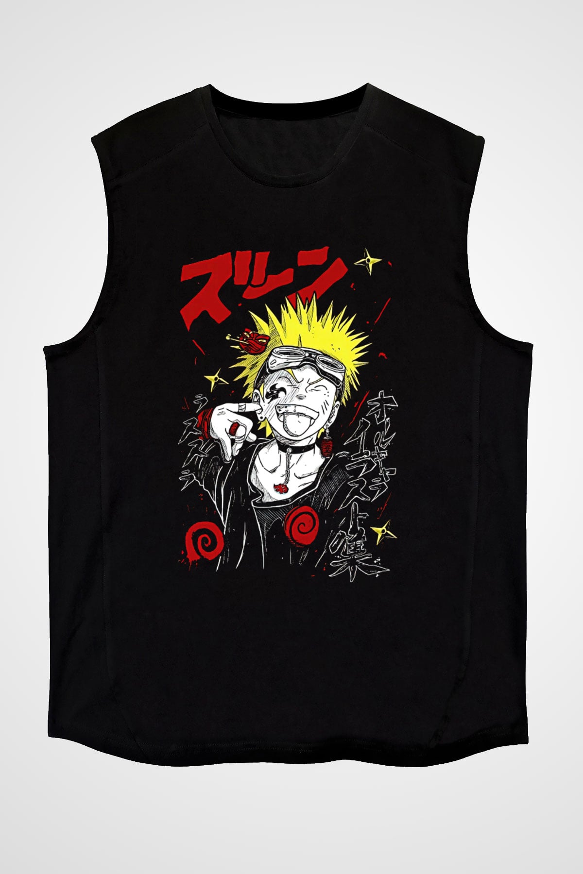 Naruto Baskılı Unisex Siyah Kolsuz Tişört - Tshirt