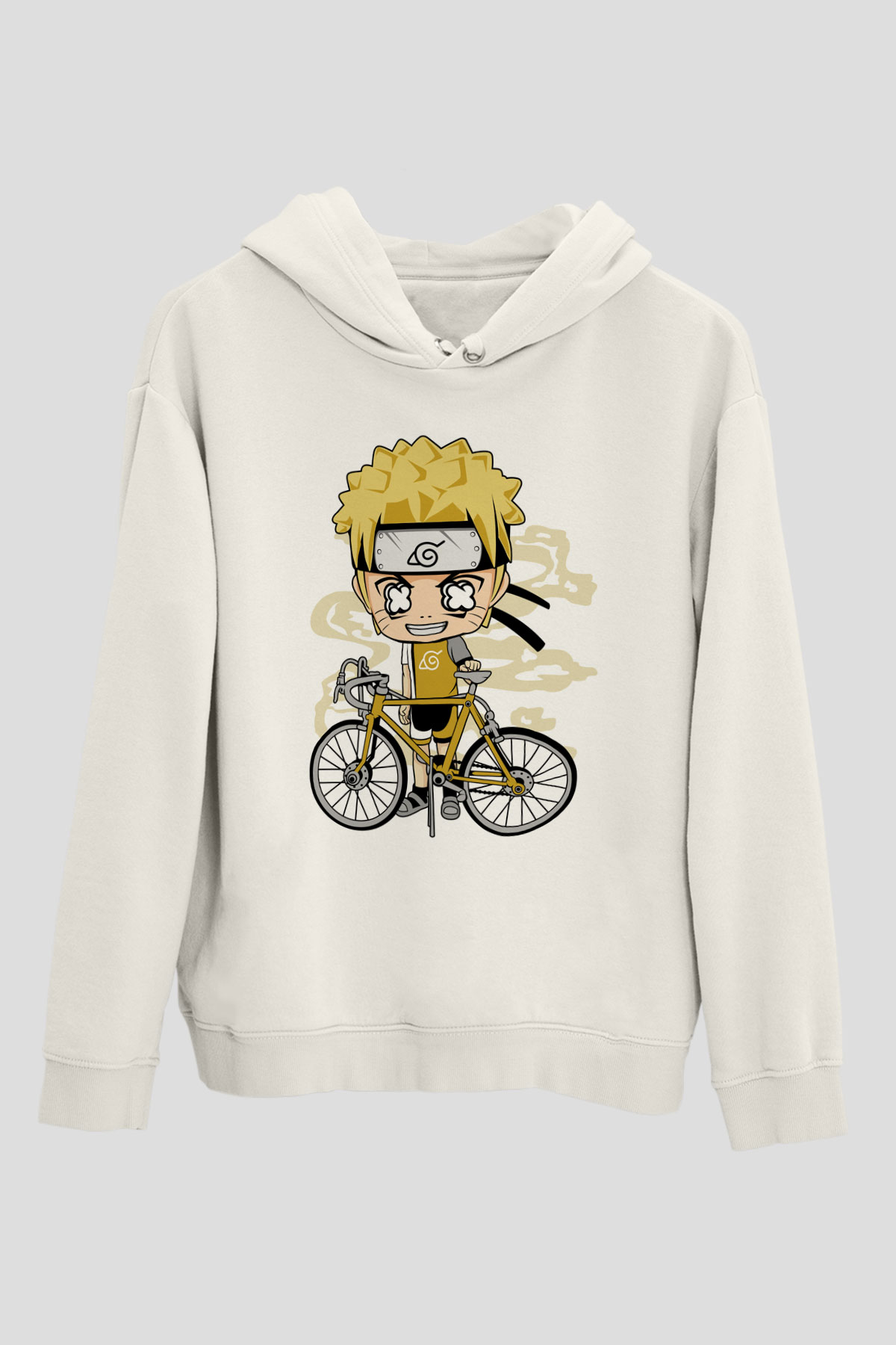 Naruto Bicycle Baskılı Beyaz Unisex Hoodie